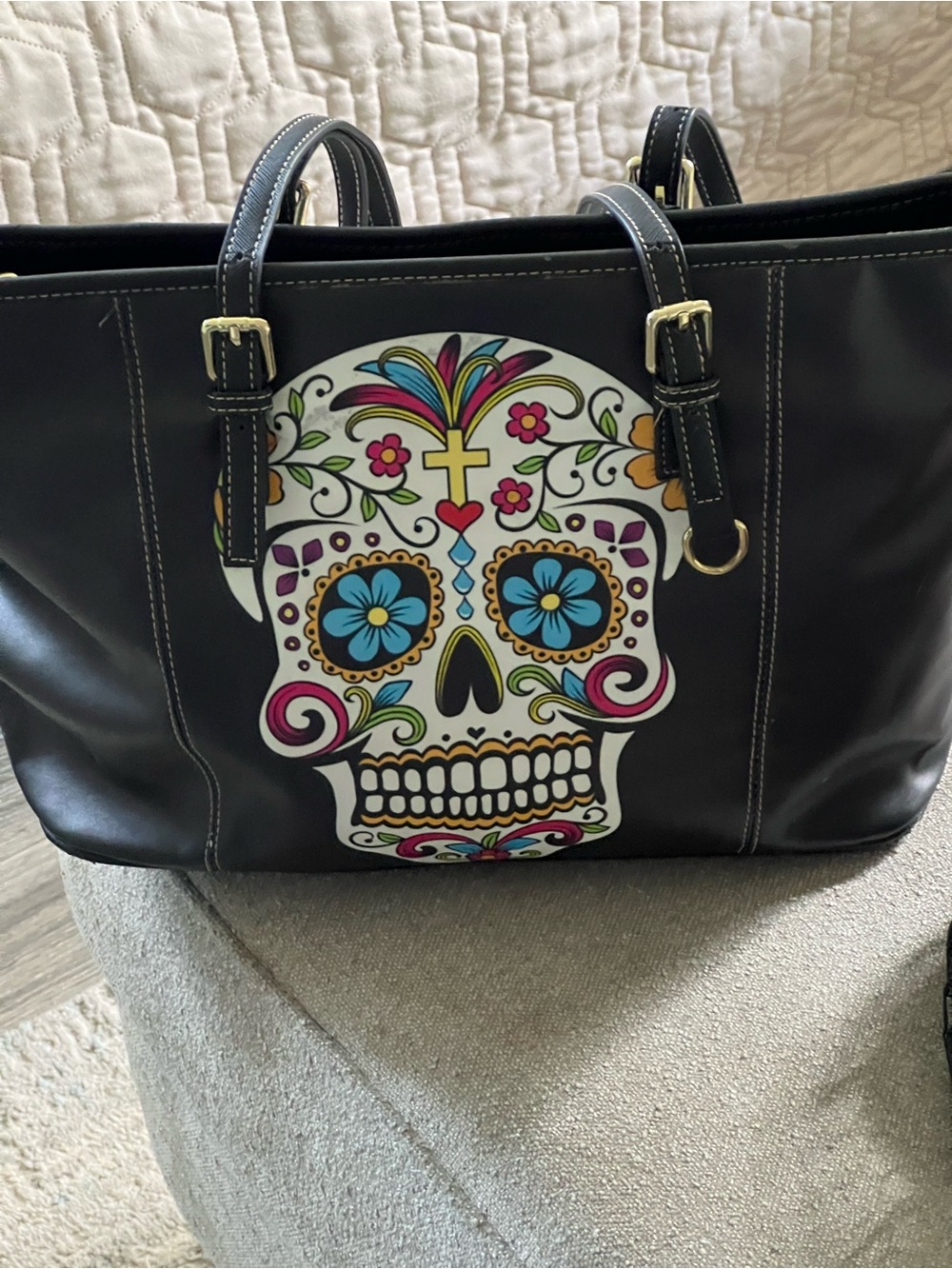 Vibrant Sugar Skull Tote Bag Black Faux Leather Day of the Dead Handbag Shoulder